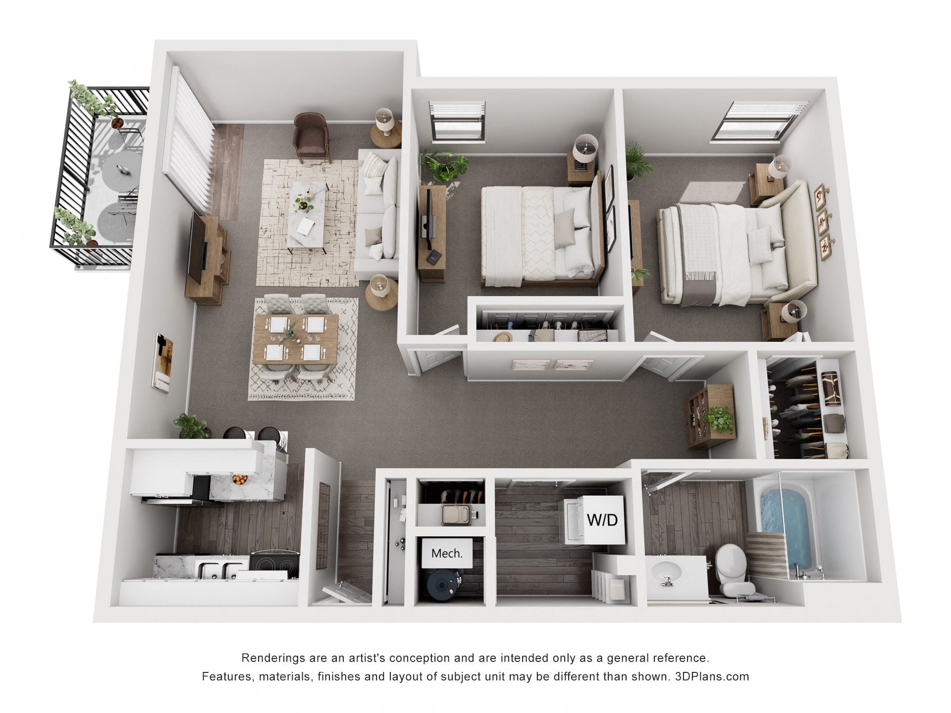 Floor plan for 2 beds, 1 bath, 912 sqft